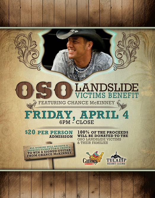 CMT Award Winner, Chance McKinney, will perform at the Oso Landslide Victims Benefit on April 4th, 2014 at the Tulalip Resort Casino